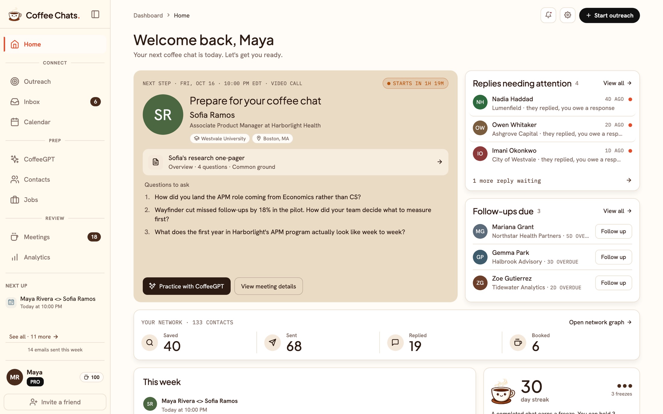 The Coffee Chats home screen with sample data: a coffee chat starting soon with a practice button, a reply needing attention, follow-ups, network progress and a streak.